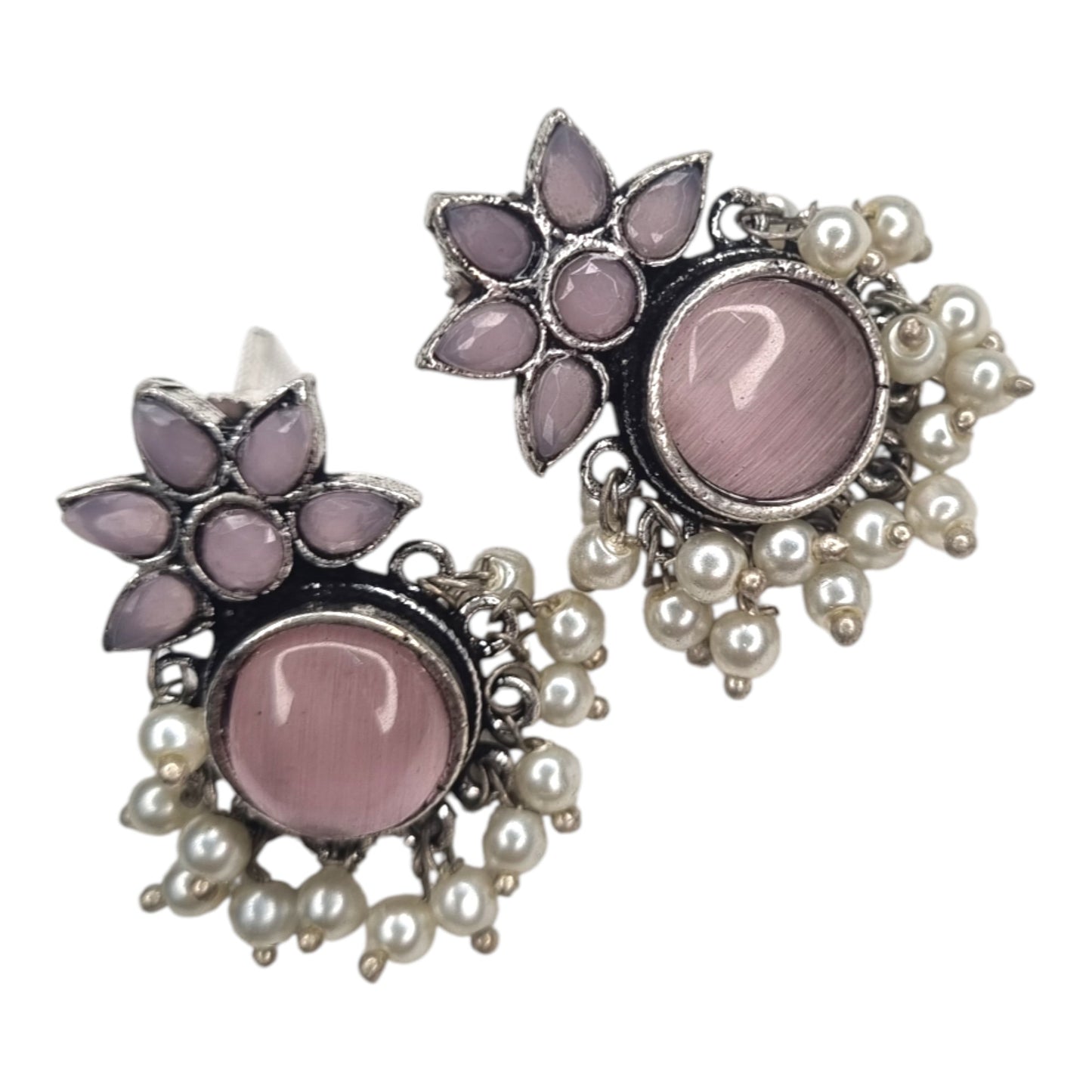 Oxidized Silver Look Pink Stone Earrings | Multi-Color Accents & Pearl Drops