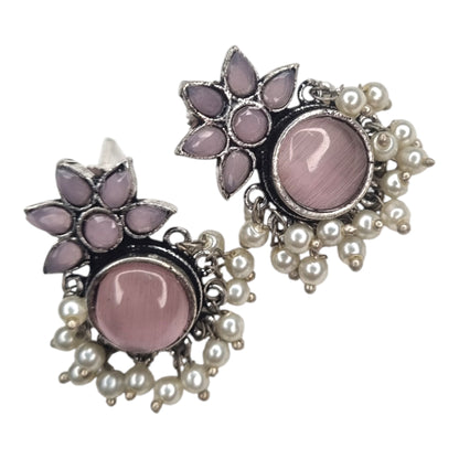 Oxidized Silver Look Pink Stone Earrings | Multi-Color Accents & Pearl Drops