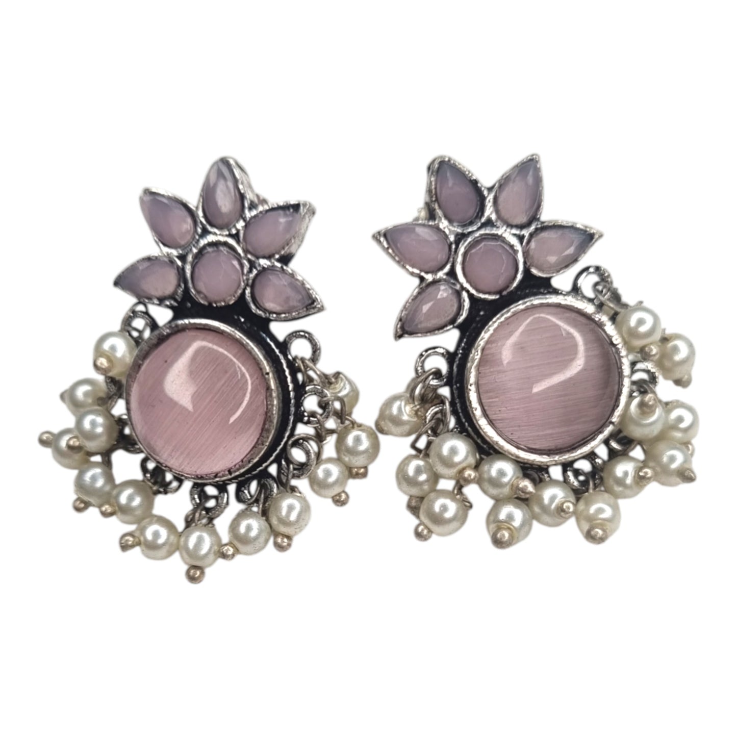 Oxidized Silver Look Pink Stone Earrings | Multi-Color Accents & Pearl Drops