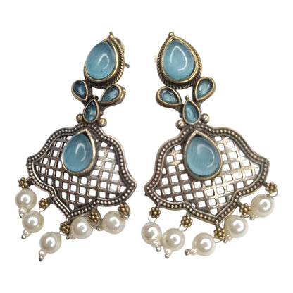 Oxidized Brass Blue Stone & Pearl Drop Earrings | Lattice Ethnic Design