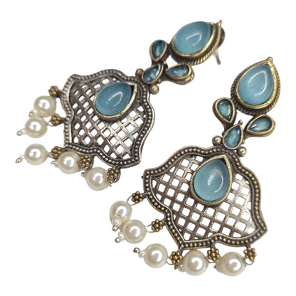 Oxidized Brass Blue Stone & Pearl Drop Earrings | Lattice Ethnic Design