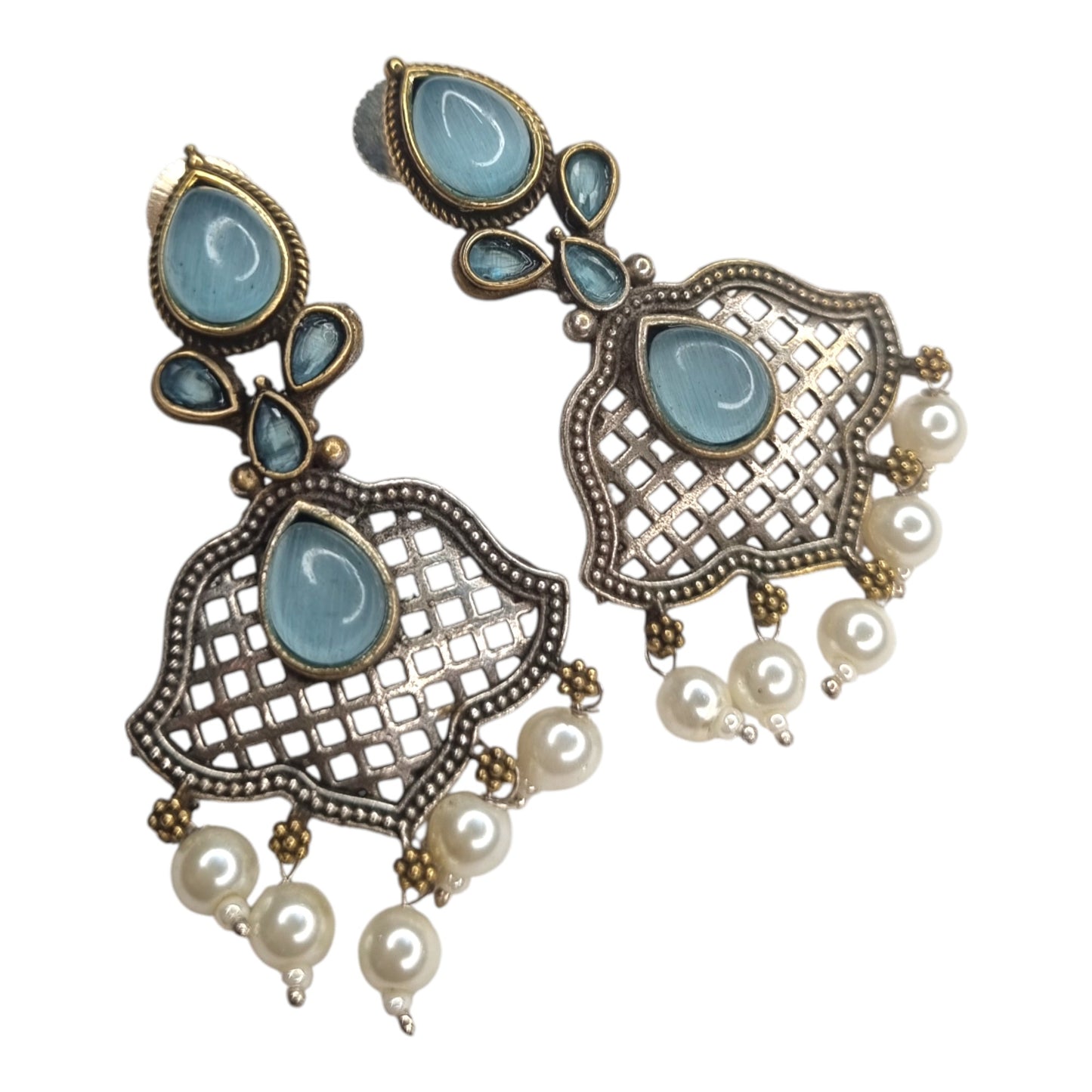 Oxidized Brass Blue Stone & Pearl Drop Earrings | Lattice Ethnic Design