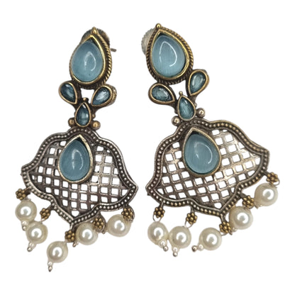 Oxidized Brass Blue Stone & Pearl Drop Earrings | Lattice Ethnic Design