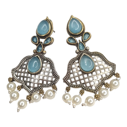 Oxidized Brass Blue Stone & Pearl Drop Earrings | Lattice Ethnic Design