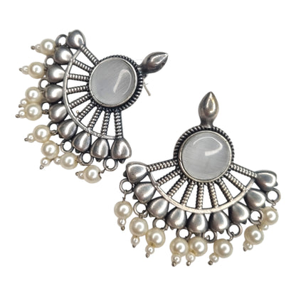 Sajobhi™ Elegant White Stone Half-Moon Earrings with Oxidized Finish