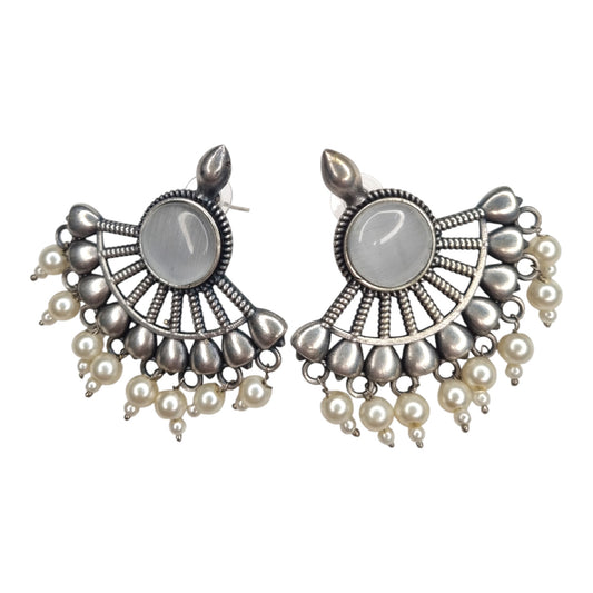 Sajobhi™ Elegant White Stone Half-Moon Earrings with Oxidized Finish