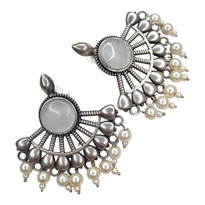 Sajobhi™ Elegant White Stone Half-Moon Earrings with Oxidized Finish