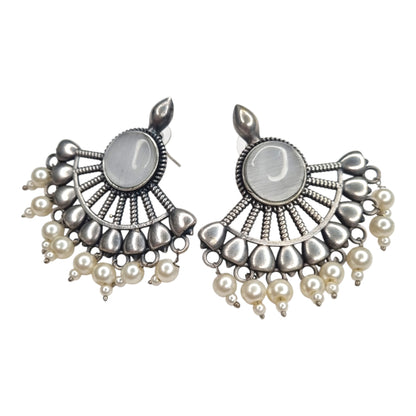 Sajobhi™ Elegant White Stone Half-Moon Earrings with Oxidized Finish