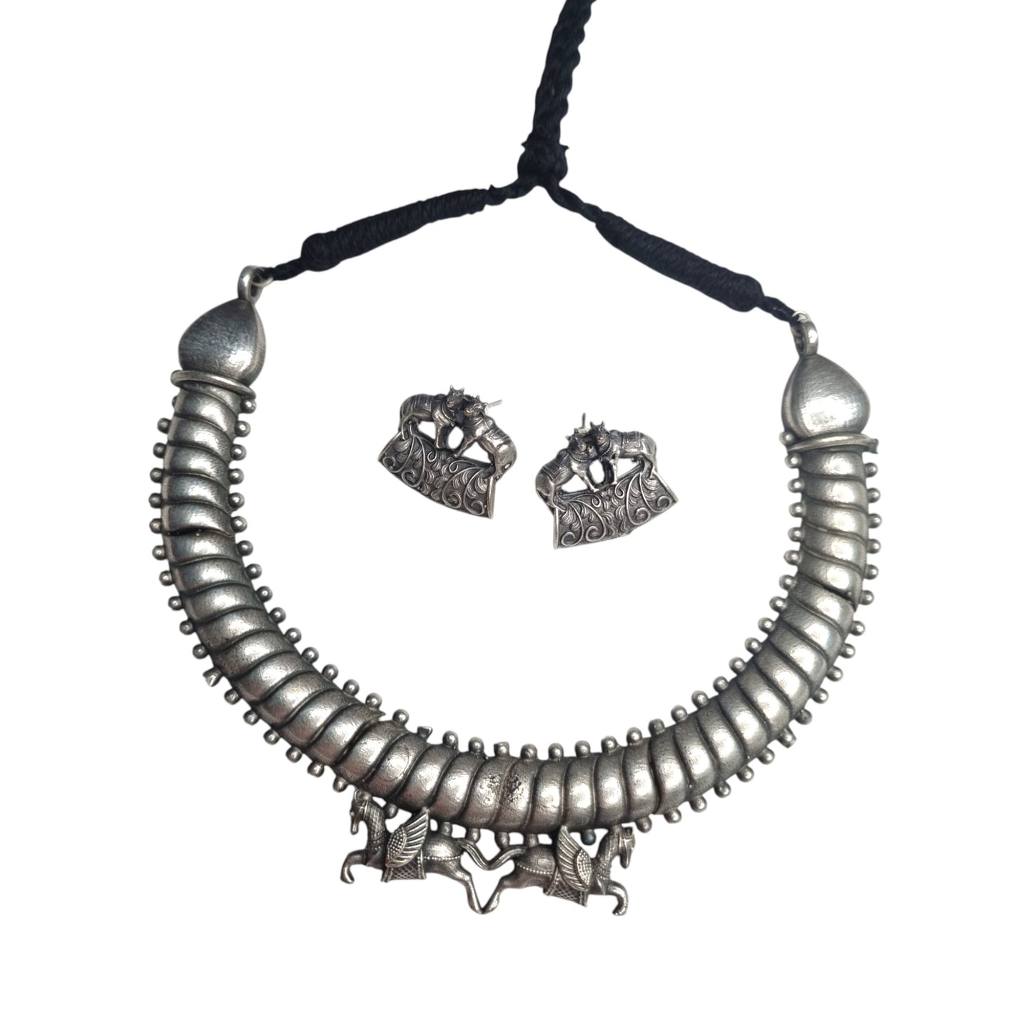 Antique Silver Hasli Necklace Set with Earrings, Traditional Indian Tribal Design, Black Thread