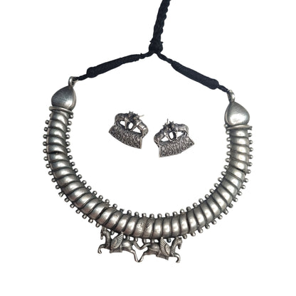 Antique Silver Hasli Necklace Set with Earrings, Traditional Indian Tribal Design, Black Thread