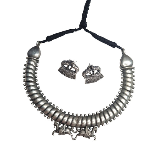 Antique Silver Hasli Necklace Set with Earrings, Traditional Indian Tribal Design, Black Thread