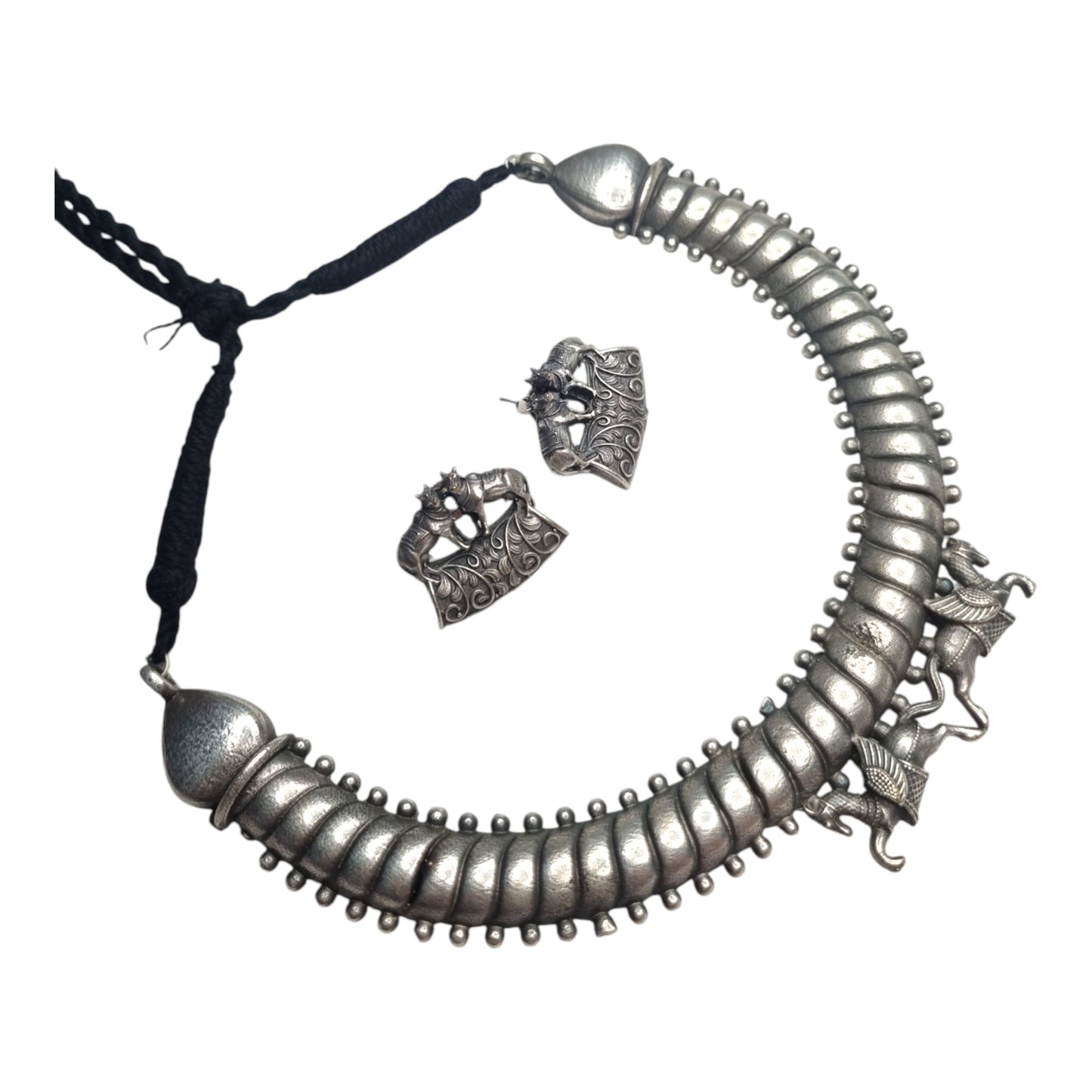 Antique Silver Hasli Necklace Set with Earrings, Traditional Indian Tribal Design, Black Thread