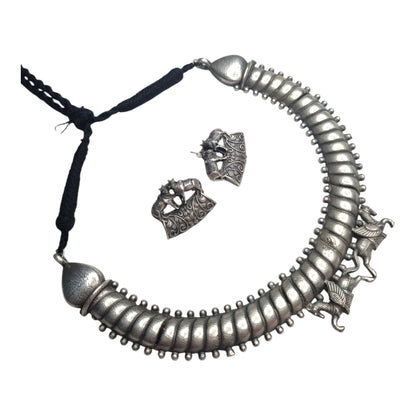 Antique Silver Hasli Necklace Set with Earrings, Traditional Indian Tribal Design, Black Thread