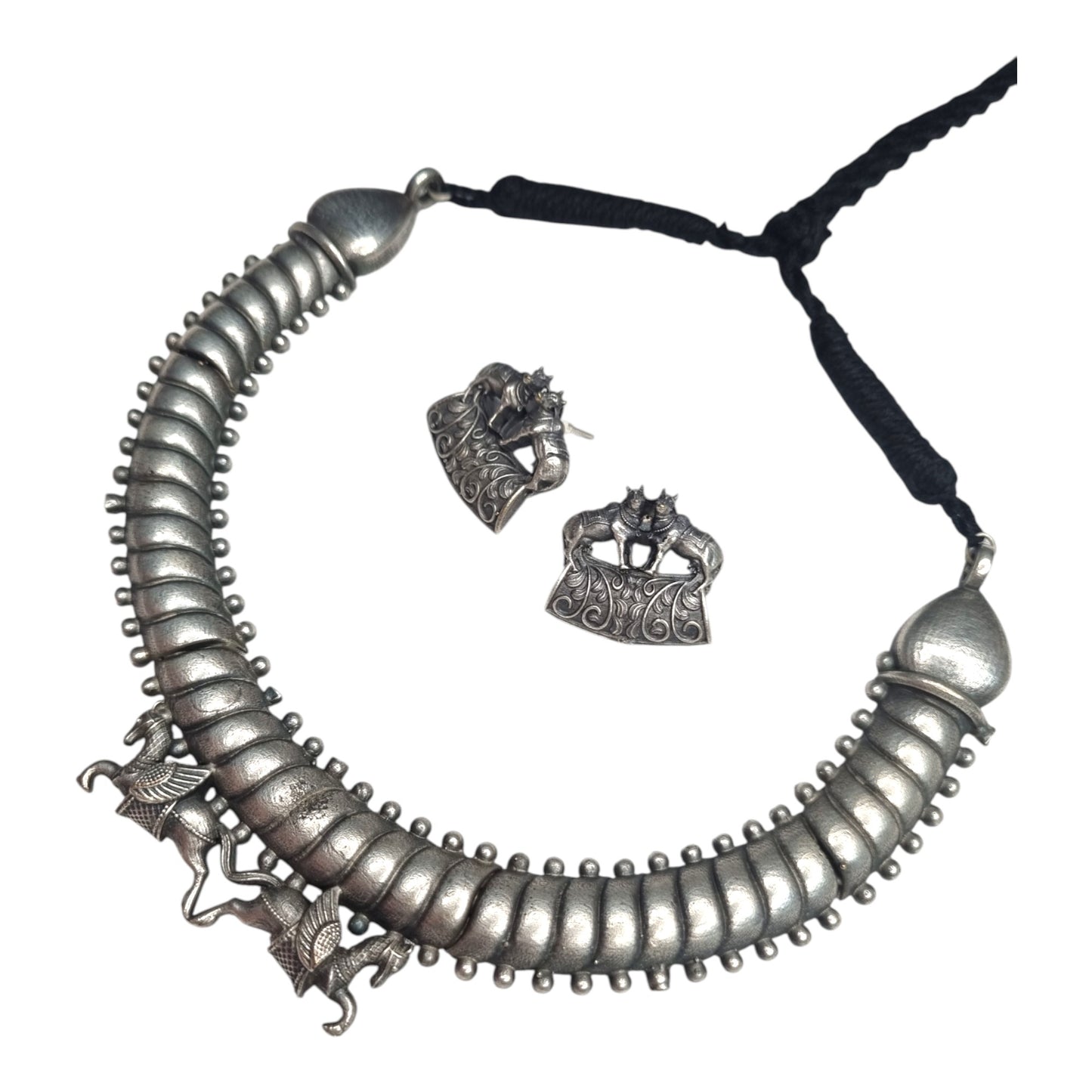 Antique Silver Hasli Necklace Set with Earrings, Traditional Indian Tribal Design, Black Thread