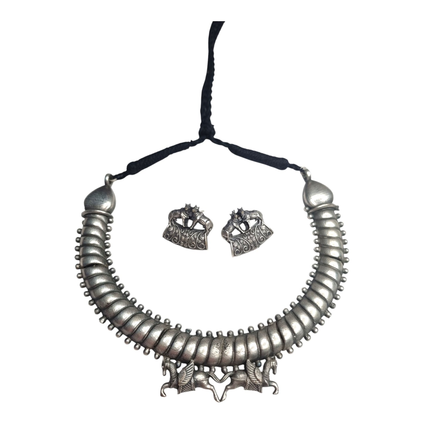 Antique Silver Hasli Necklace Set with Earrings, Traditional Indian Tribal Design, Black Thread