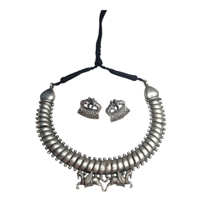 Antique Silver Hasli Necklace Set with Earrings, Traditional Indian Tribal Design, Black Thread