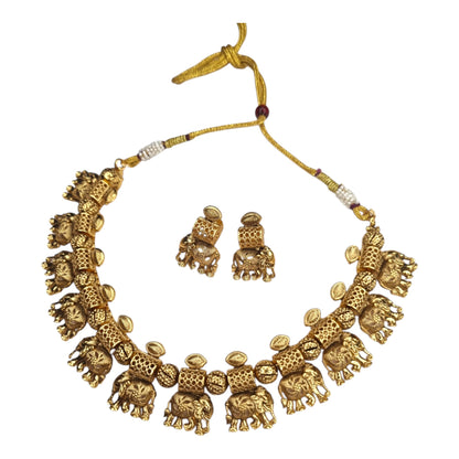 Traditional Gold-Plated Elephant Necklace Set with Earrings