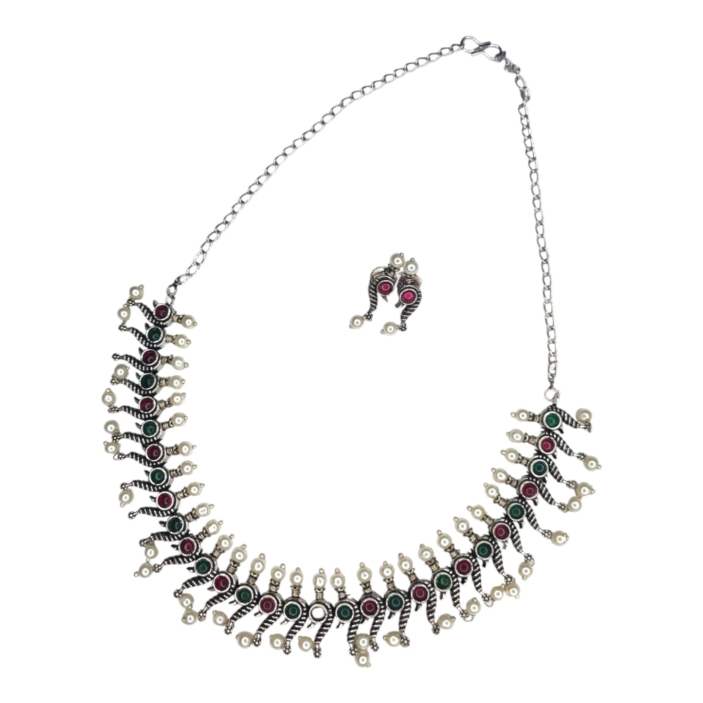 Oxidized Silver Peacock Design Necklace Set with Earrings – Green & Pink Accents