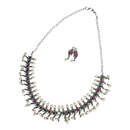 Oxidized Silver Peacock Design Necklace Set with Earrings – Green & Pink Accents