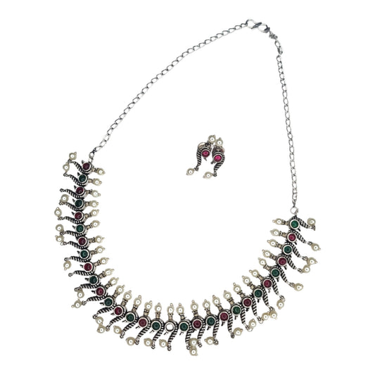 Oxidized Silver Peacock Design Necklace Set with Earrings – Green & Pink Accents