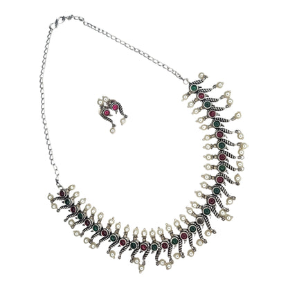 Oxidized Silver Peacock Design Necklace Set with Earrings – Green & Pink Accents