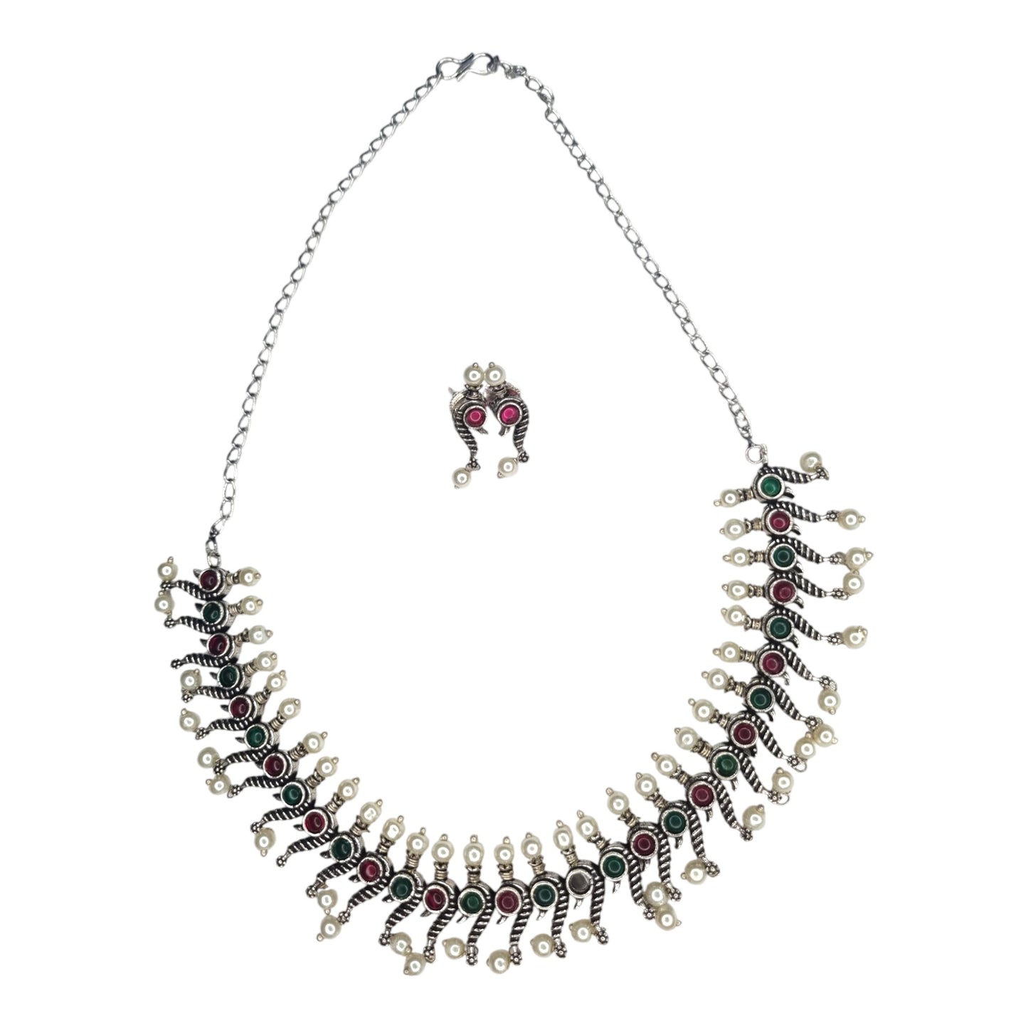 Oxidized Silver Peacock Design Necklace Set with Earrings – Green & Pink Accents