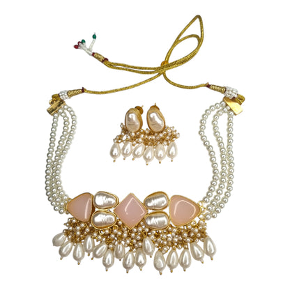 Layer Pearl Choker Necklace with Pink Kundan Style Stones | Indian Wedding Jewelry Set
