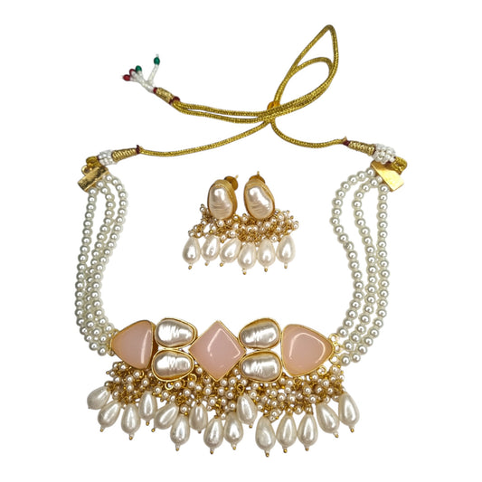 Layer Pearl Choker Necklace with Pink Kundan Style Stones | Indian Wedding Jewelry Set