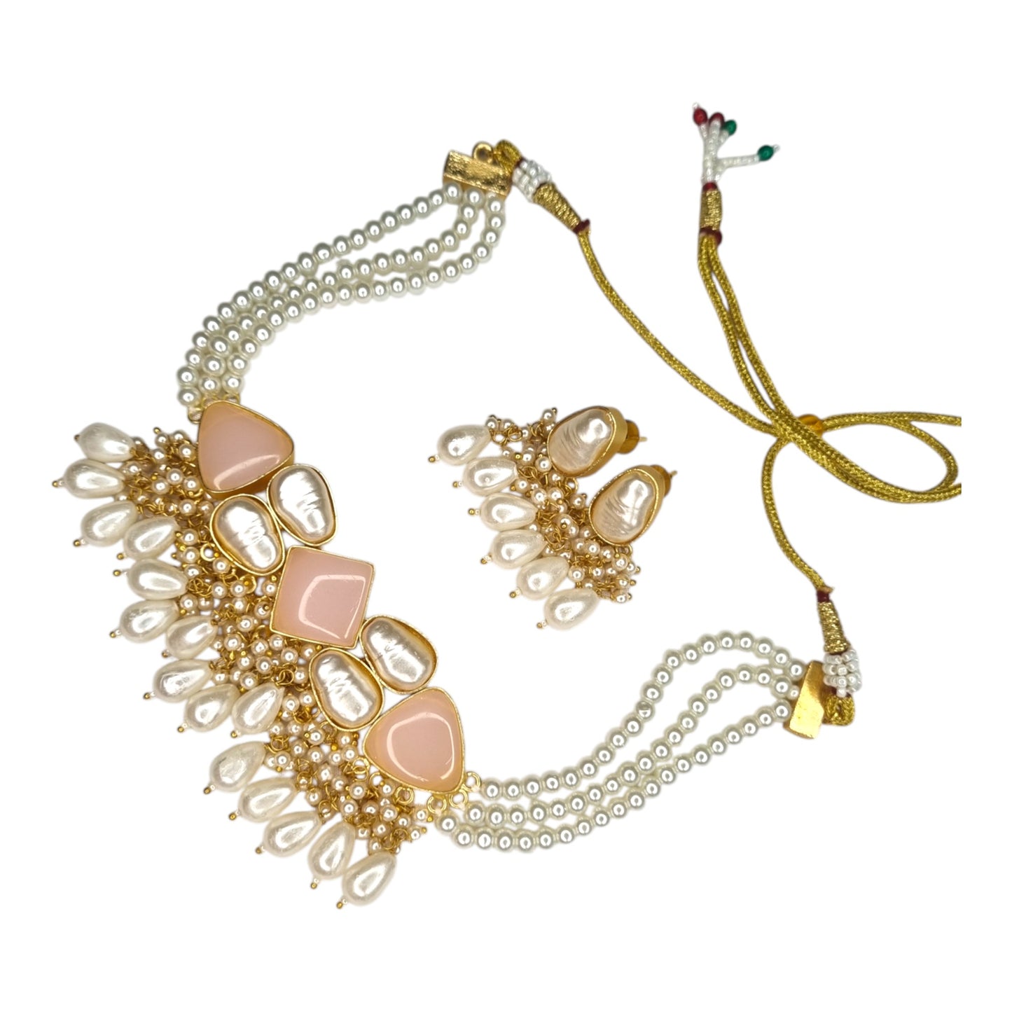 Layer Pearl Choker Necklace with Pink Kundan Style Stones | Indian Wedding Jewelry Set