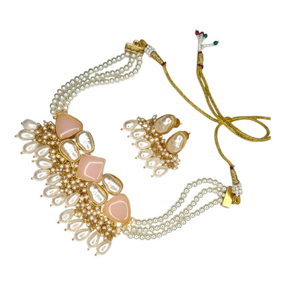 Layer Pearl Choker Necklace with Pink Kundan Style Stones | Indian Wedding Jewelry Set