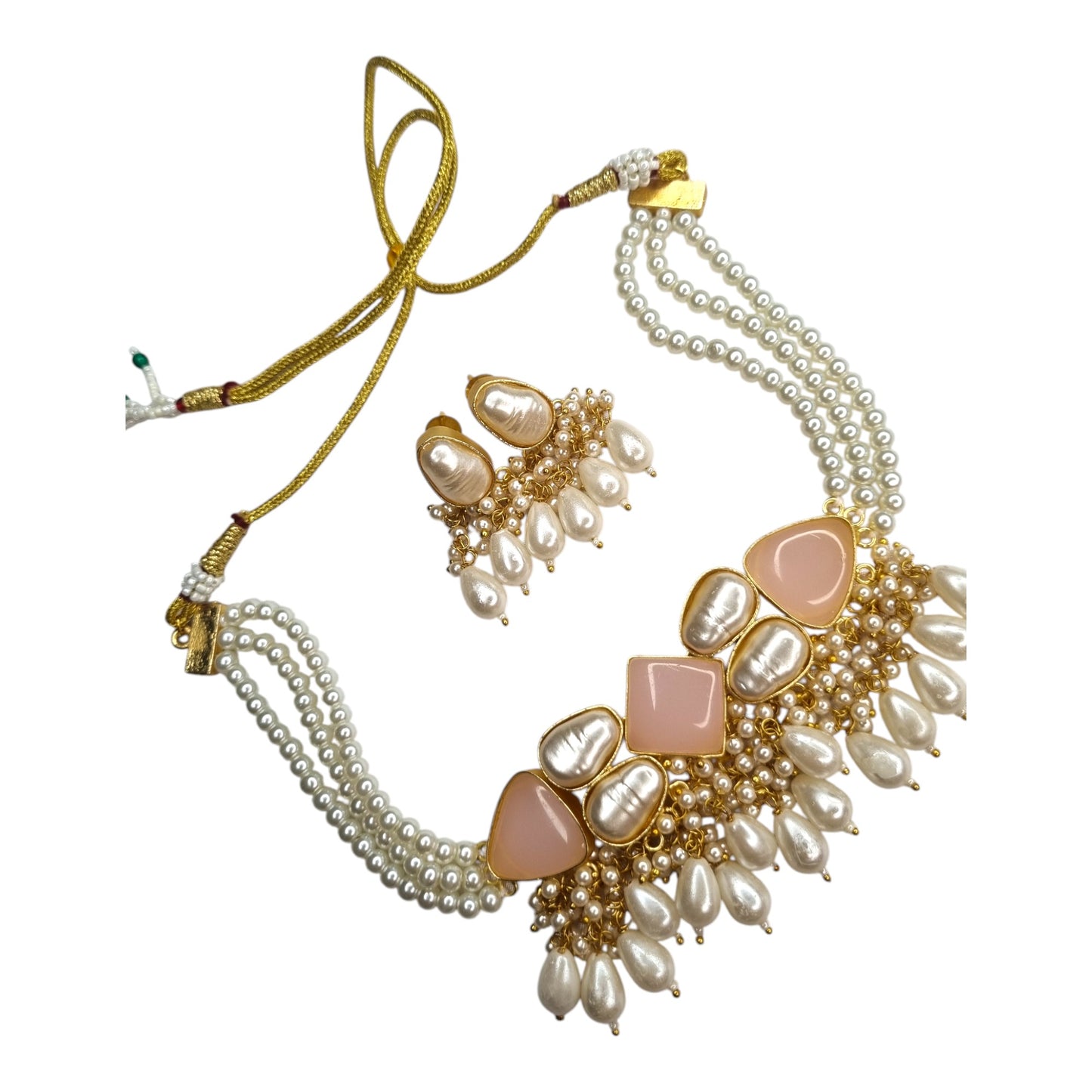 Layer Pearl Choker Necklace with Pink Kundan Style Stones | Indian Wedding Jewelry Set