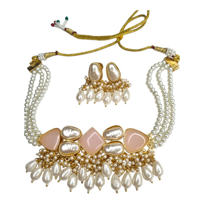 Layer Pearl Choker Necklace with Pink Kundan Style Stones | Indian Wedding Jewelry Set