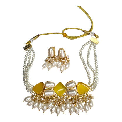 Elegant Brass Pearl & Yellow Stone Choker Set with Dangler Earrings