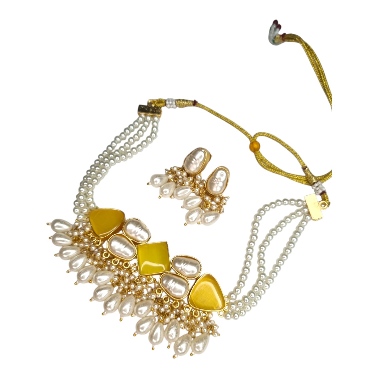 Elegant Brass Pearl & Yellow Stone Choker Set with Dangler Earrings