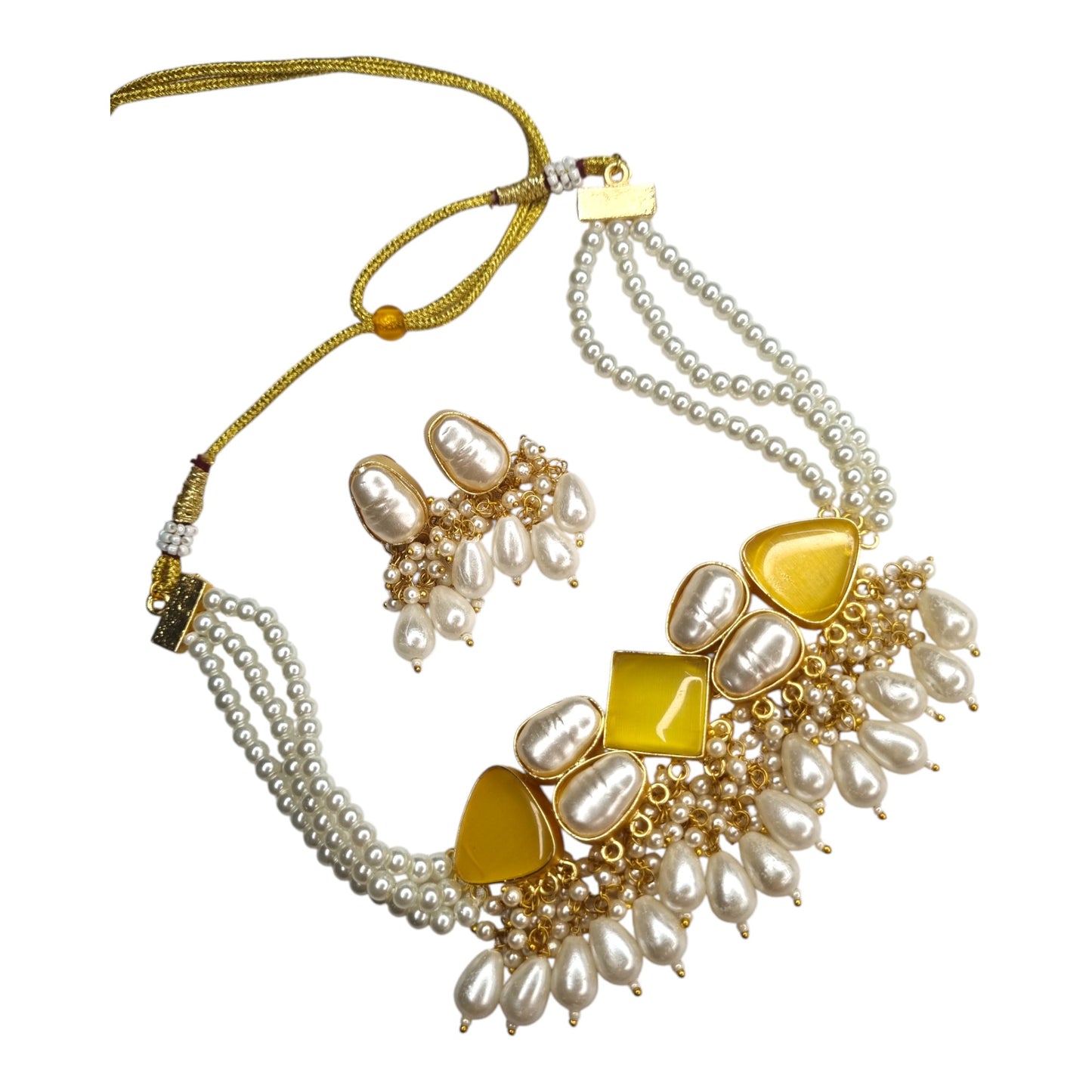 Elegant Brass Pearl & Yellow Stone Choker Set with Dangler Earrings