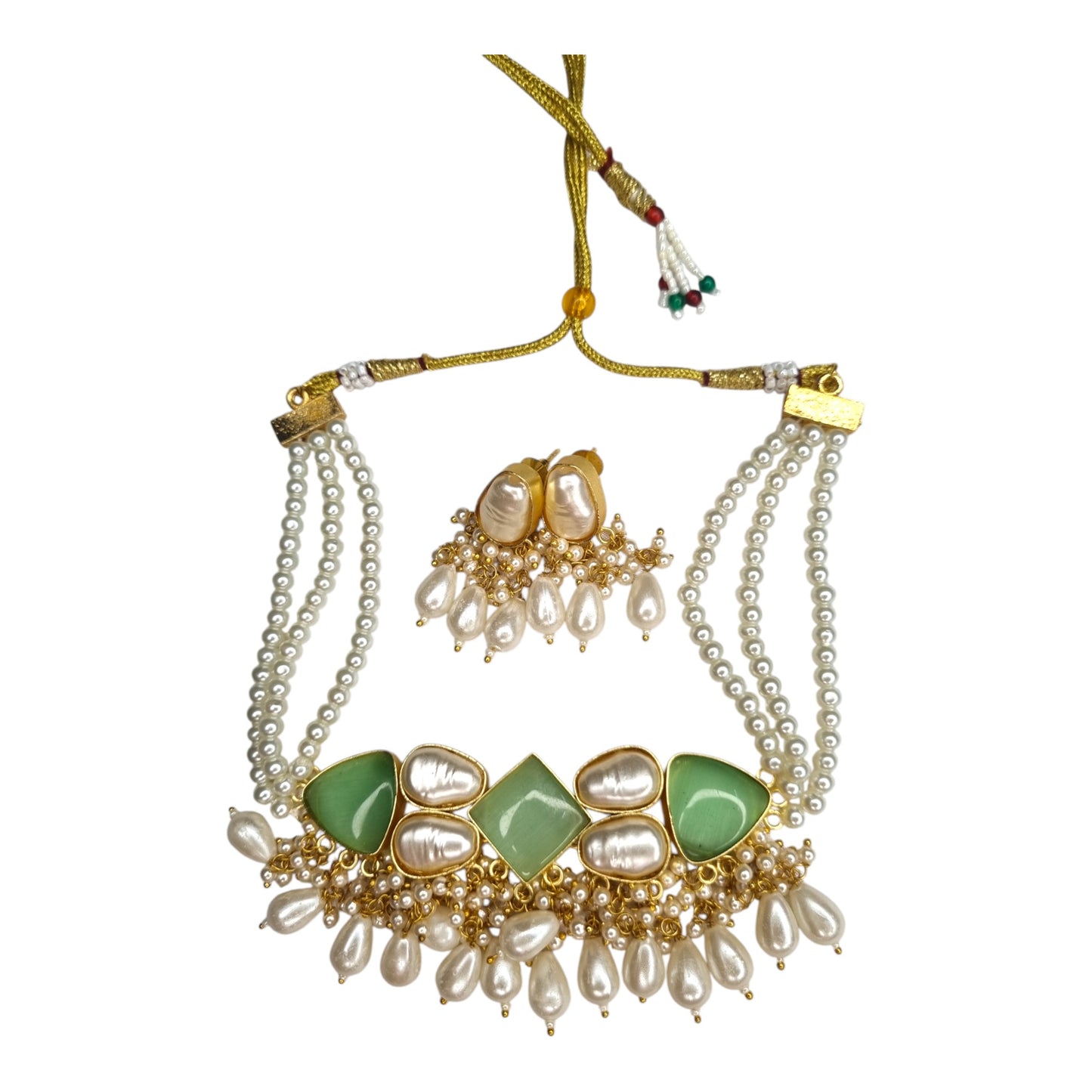 Elegant Pearl & Mint Green Stone Choker Necklace Set with Earrings