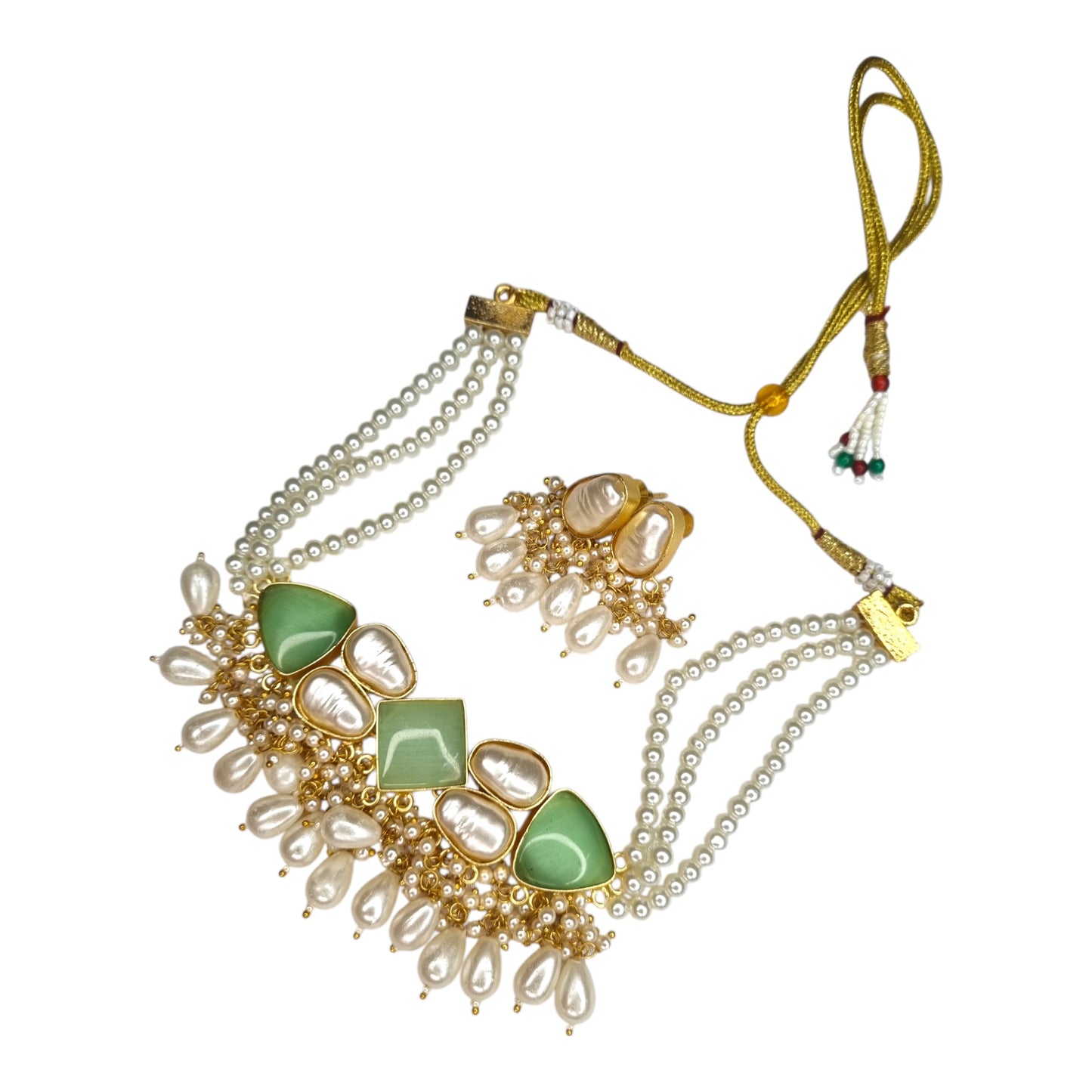 Elegant Pearl & Mint Green Stone Choker Necklace Set with Earrings