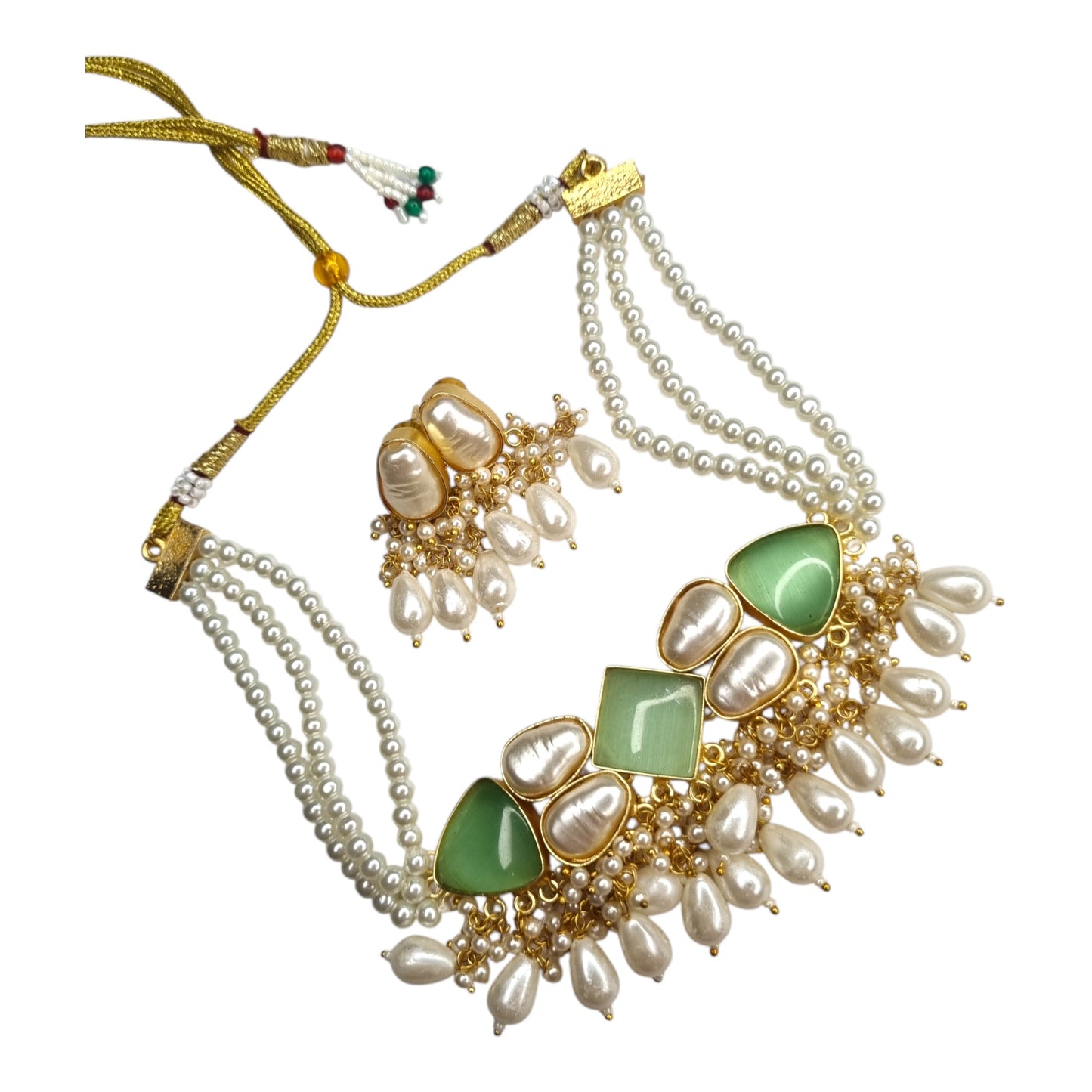 Elegant Pearl & Mint Green Stone Choker Necklace Set with Earrings