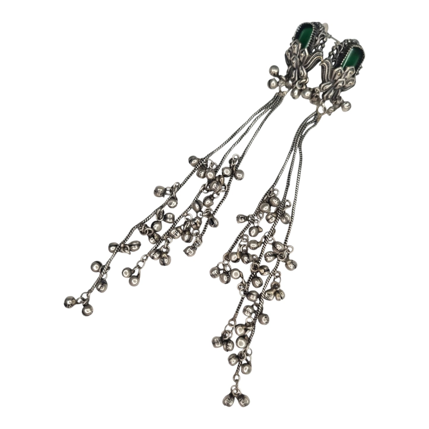 Kashmiri-Inspired Oxidized Silver Pink Stone Chain Dangler Earrings