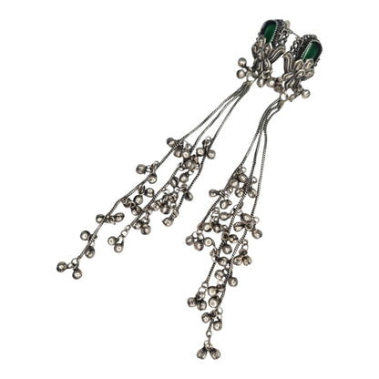 Kashmiri-Inspired Oxidized Silver Pink Stone Chain Dangler Earrings