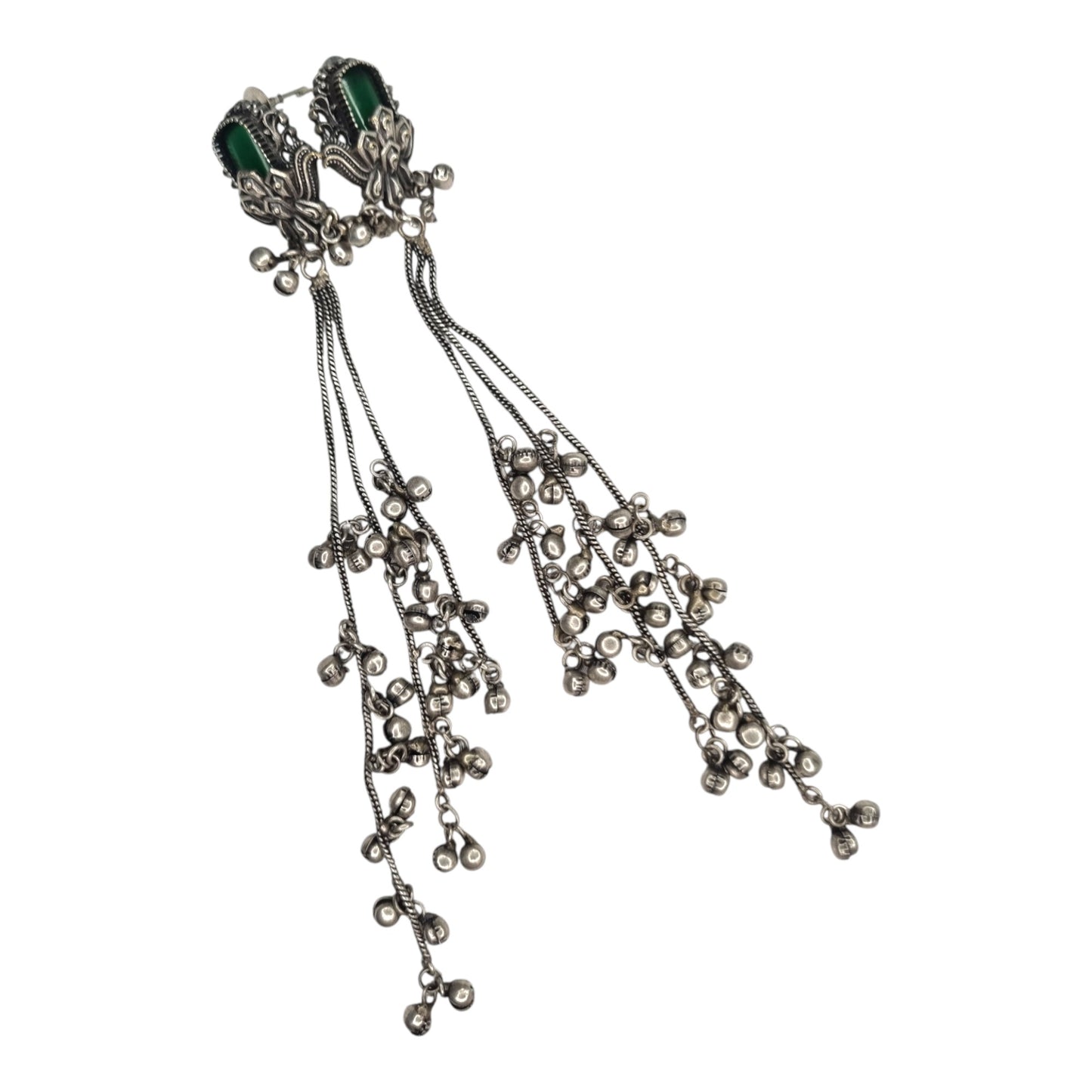 Kashmiri-Inspired Oxidized Silver Pink Stone Chain Dangler Earrings