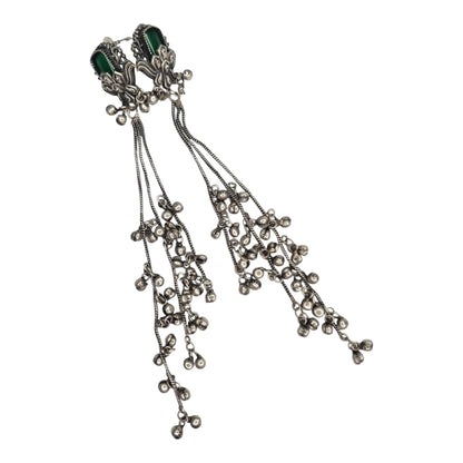 Kashmiri-Inspired Oxidized Silver Pink Stone Chain Dangler Earrings