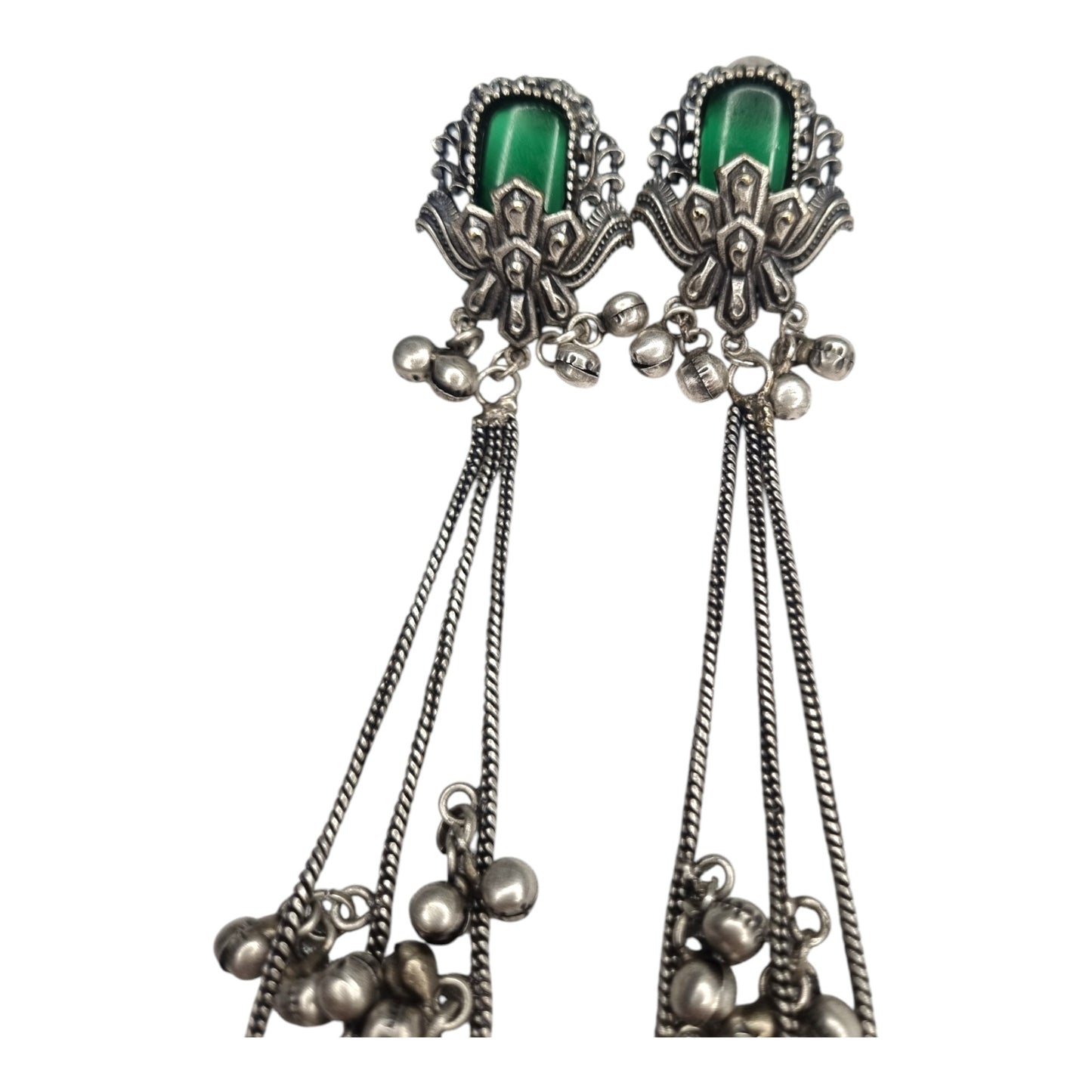 Kashmiri-Inspired Oxidized Silver Pink Stone Chain Dangler Earrings