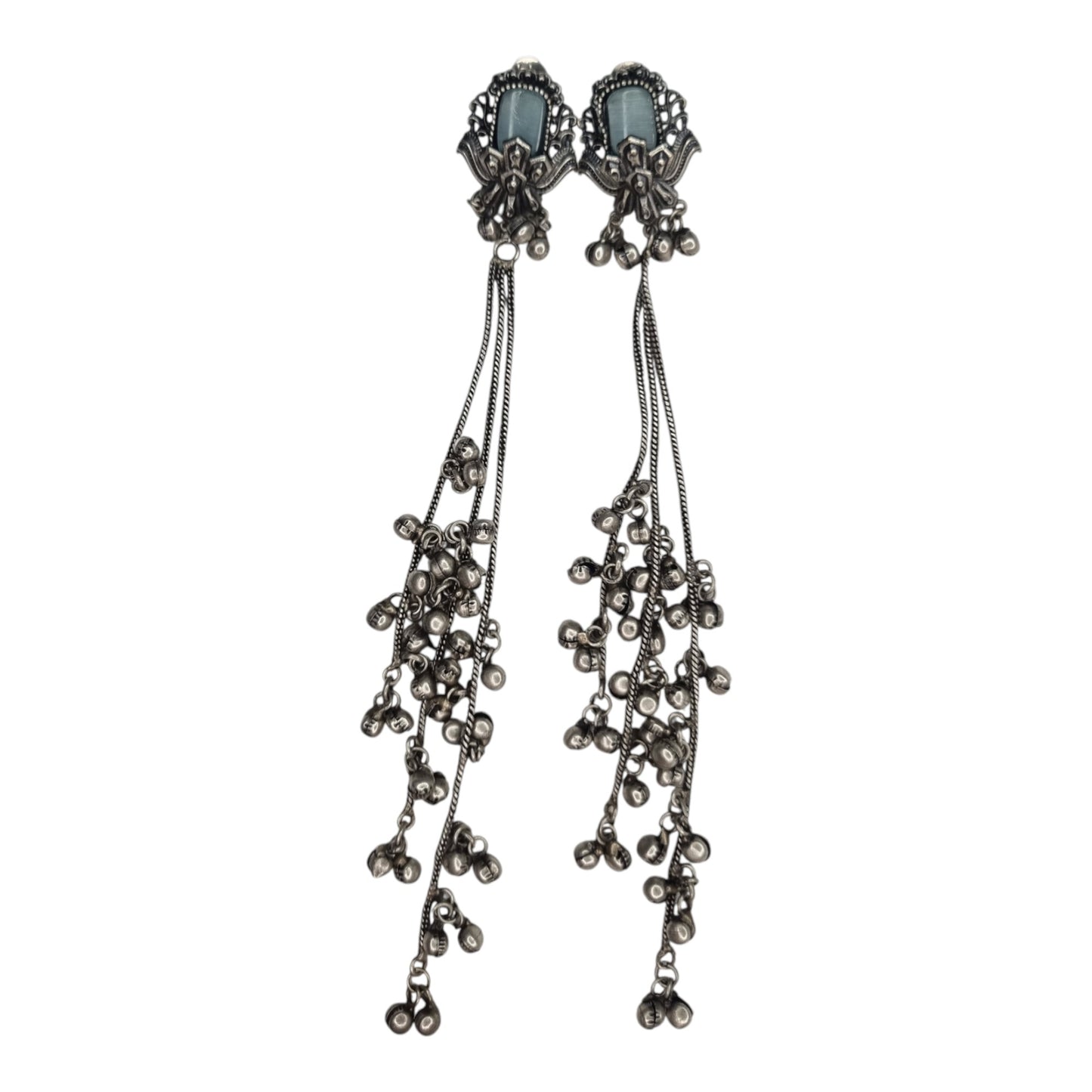 Kashmiri-Inspired Oxidized Silver Pink Stone Chain Dangler Earrings
