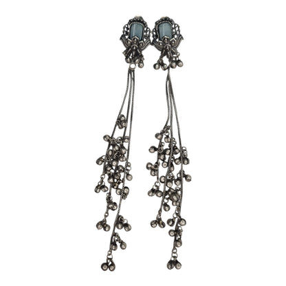 Kashmiri-Inspired Oxidized Silver Pink Stone Chain Dangler Earrings