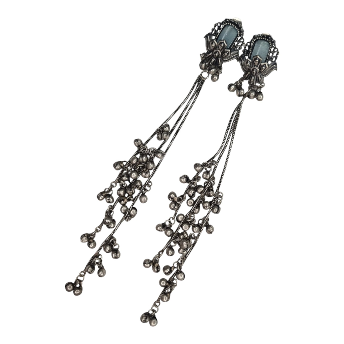 Kashmiri-Inspired Oxidized Silver Pink Stone Chain Dangler Earrings