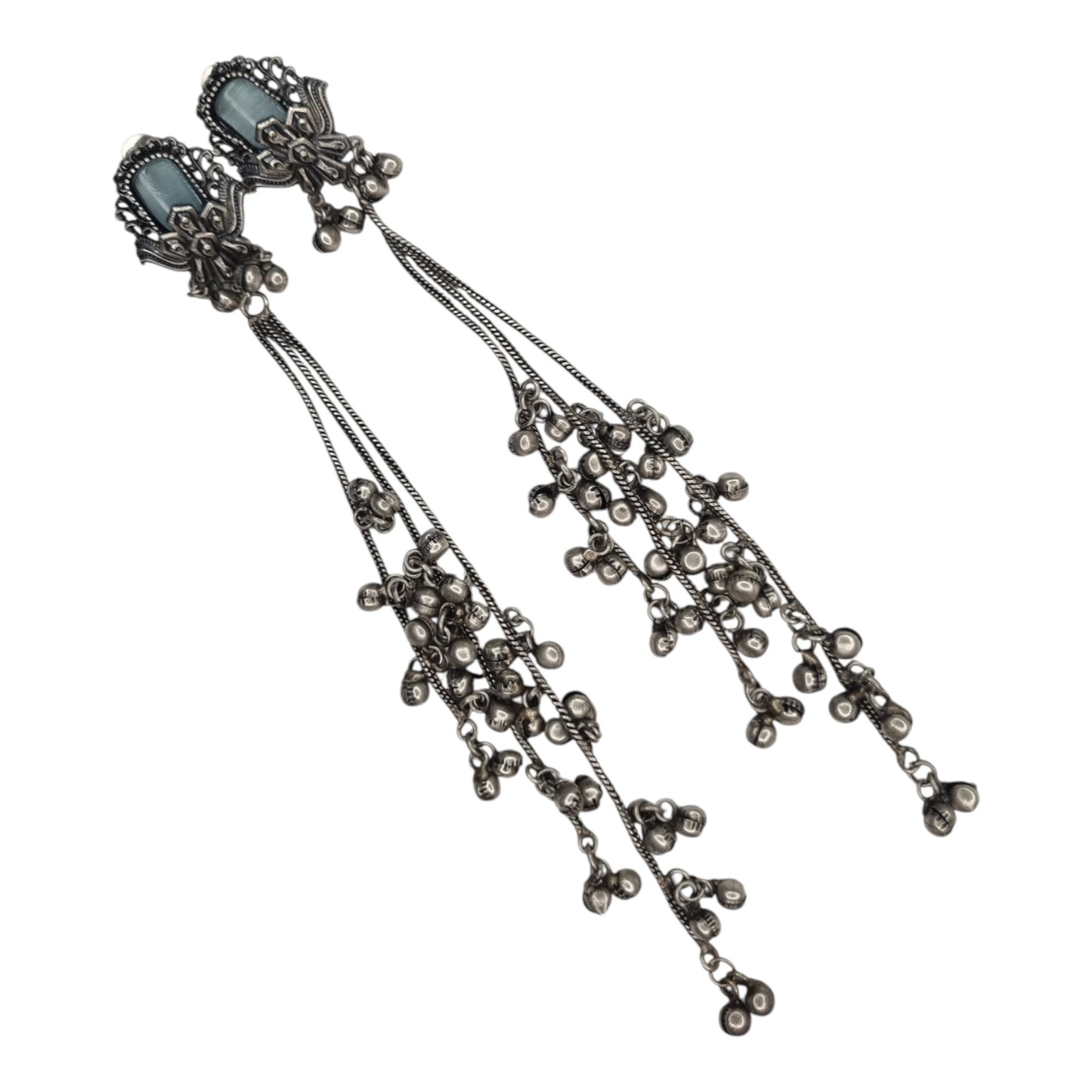 Kashmiri-Inspired Oxidized Silver Pink Stone Chain Dangler Earrings