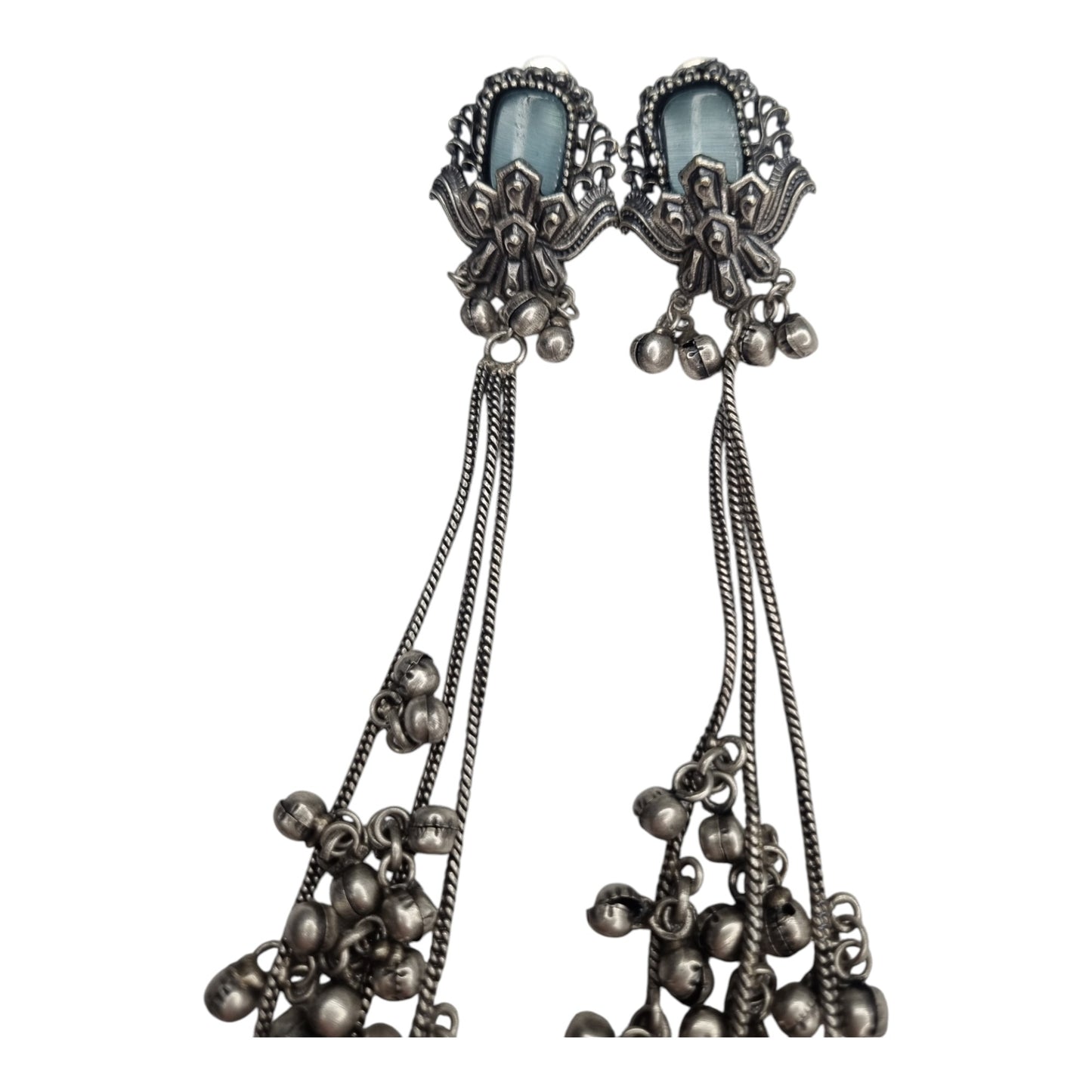 Kashmiri-Inspired Oxidized Silver Pink Stone Chain Dangler Earrings