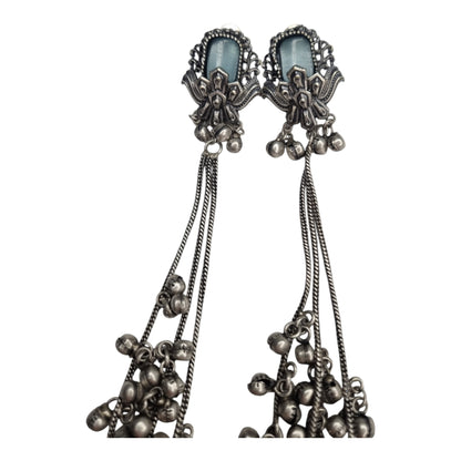 Kashmiri-Inspired Oxidized Silver Pink Stone Chain Dangler Earrings