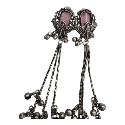 Kashmiri-Inspired Oxidized Silver Pink Stone Chain Dangler Earrings